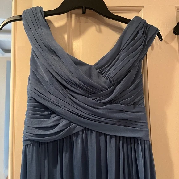 David's Bridal - Crisscross Off-the-Shoulder Mesh Dress - Steel Blue, Size 6 - Picture 5 of 10